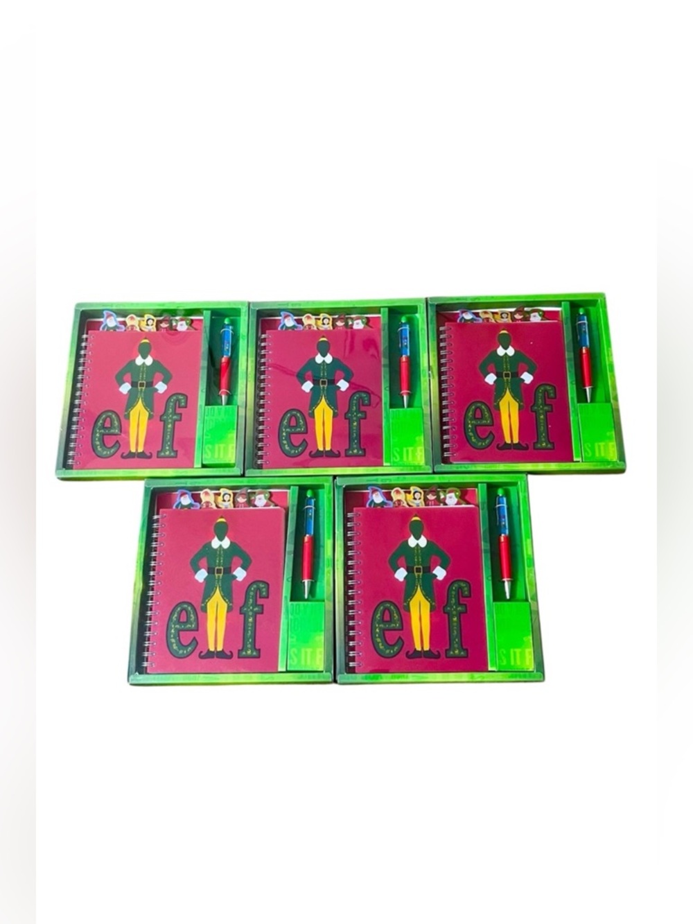 5 Peice Elf Themed Spiral Journal Stationery Hunter Green Red Gift Set Pen